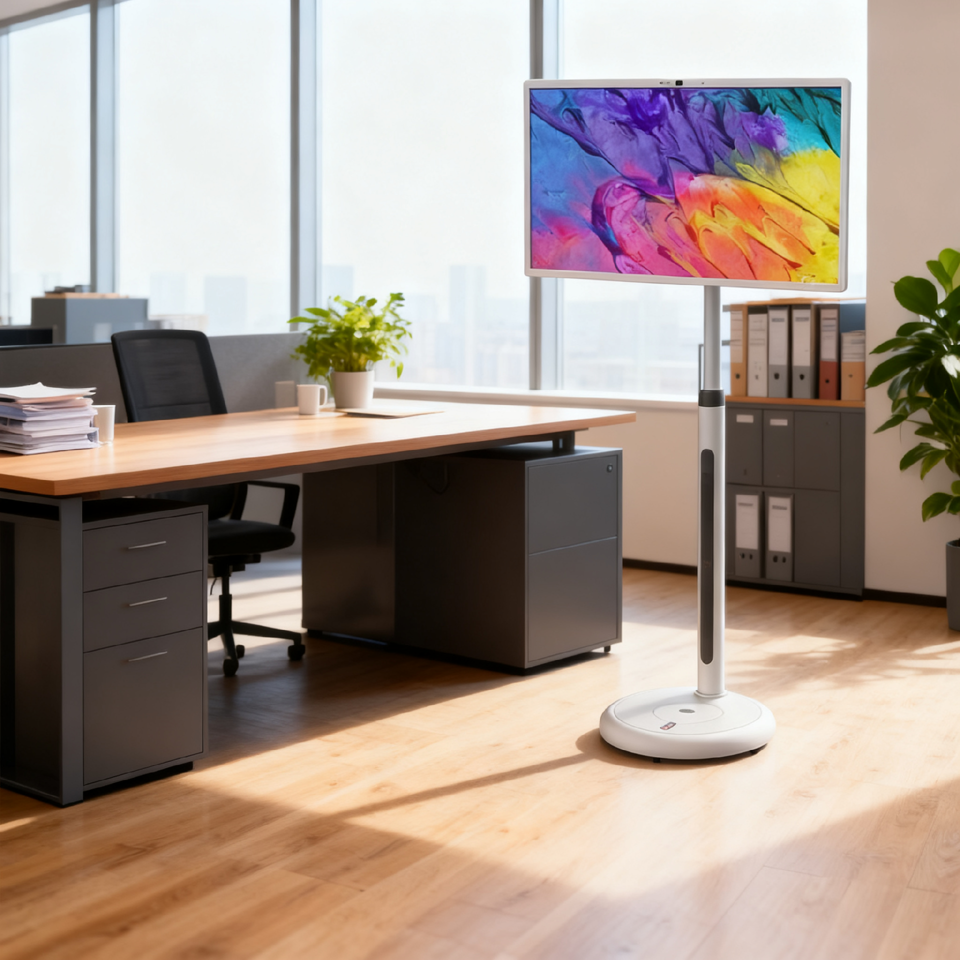 Mobile screen beside an office desk — manufacturer scene image, GK-24T/32T page