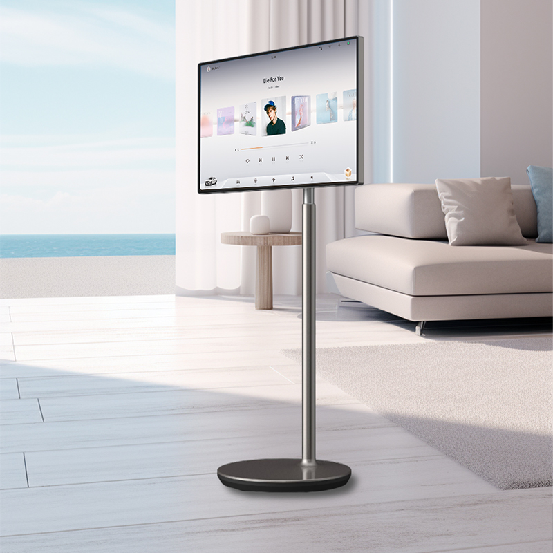 Mobile screen in a living room media setup — manufacturer scene image, GK-27A/32A page