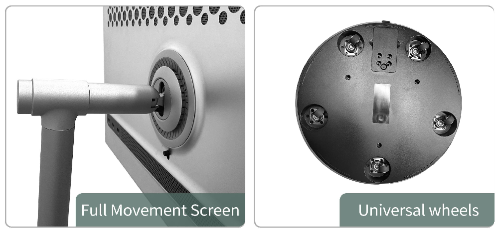 Detail graphic: full-movement screen mount and universal-wheel base — manufacturer graphic, GK-27A/32A page