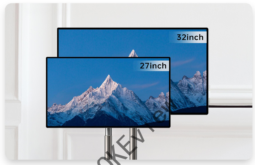 Size comparison graphic: 27-inch and 32-inch mobile screens — manufacturer graphic, GK-27A/32A page