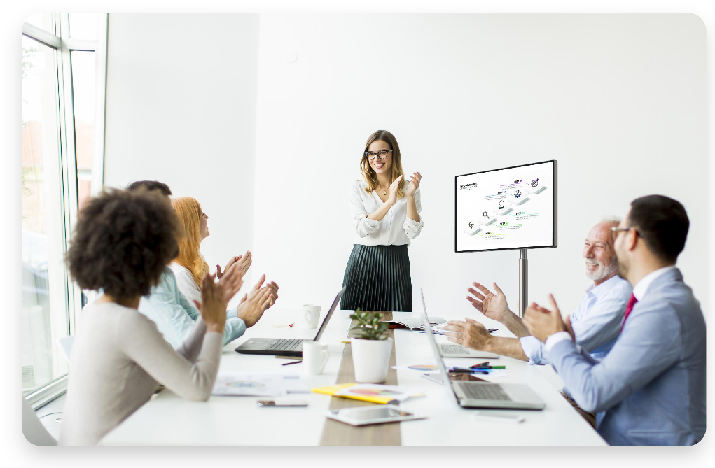 Mobile screen in a small meeting, presenter at a whiteboard — manufacturer scene image, GK-27A/32A page